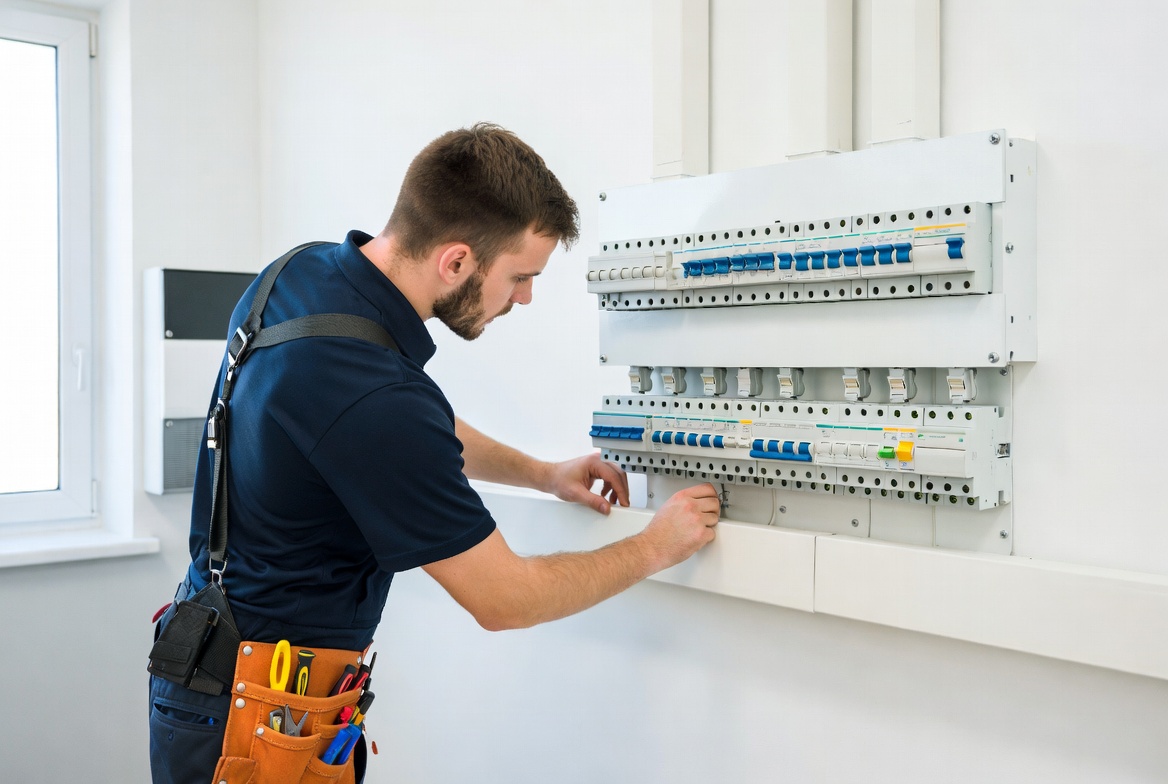 Electrician working on a fuse board while CallPilot captures missed calls