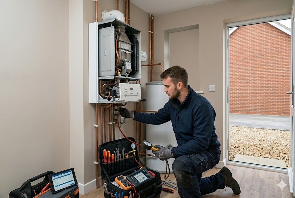 Heating engineer working on a boiler while CallPilot captures calls