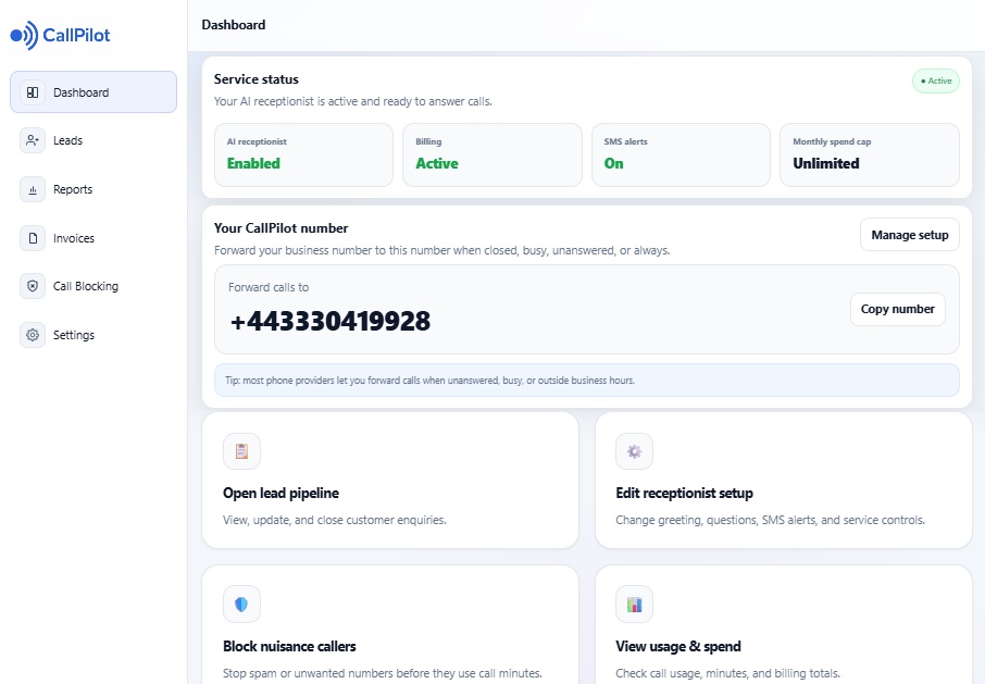 CallPilot dashboard showing lead overview
