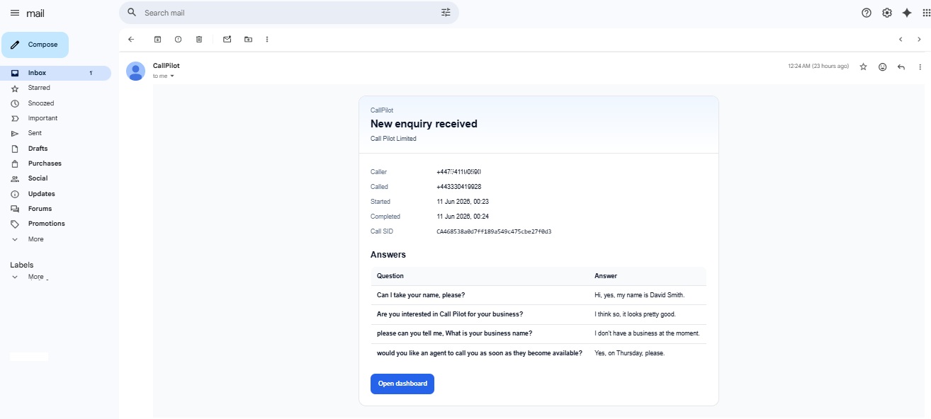 CallPilot email summary screenshot