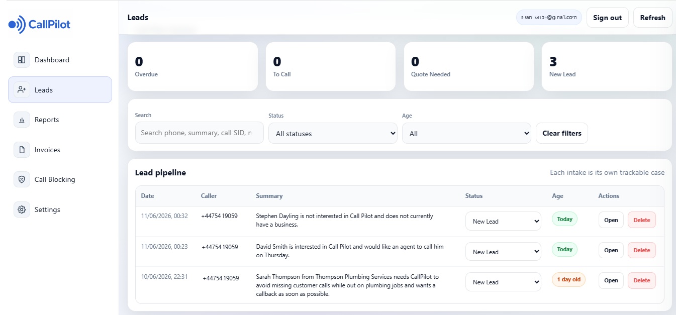 CallPilot lead detail screen