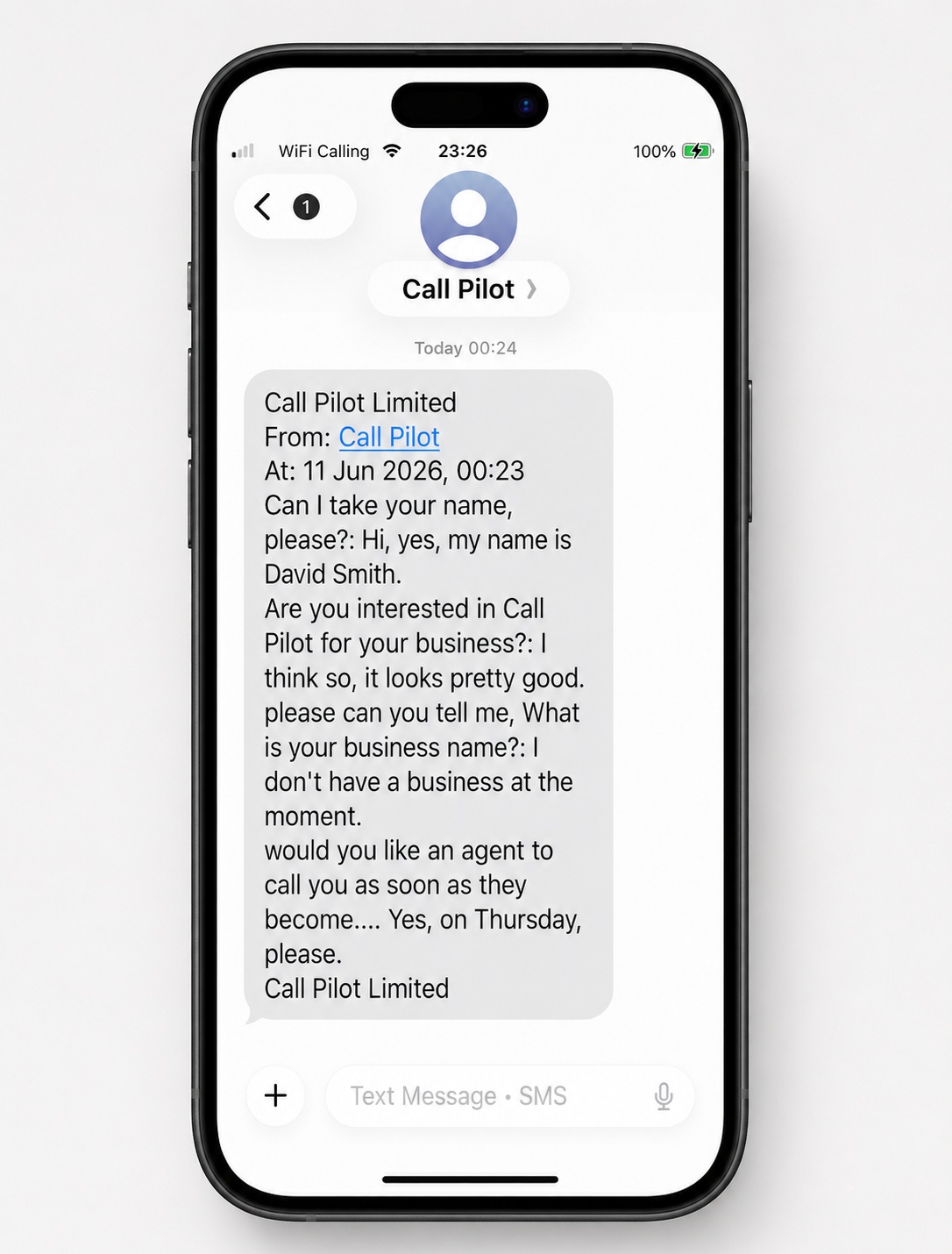 CallPilot SMS alert on a phone